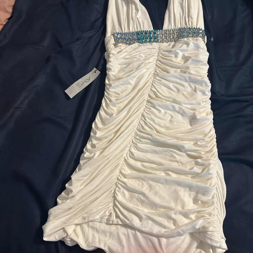 Sky Cream Ruched Halter Bodycon Dress